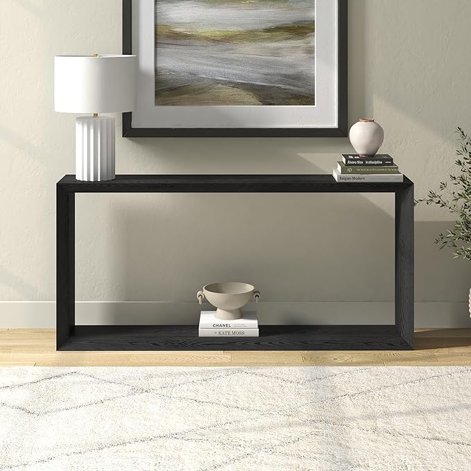 Henn&Hart 64'' Wooden Rectangular Console Table Entryway Table, Sofa Table with Wooden Shelf for Entryway, Living Room, Couch, Hallway, or Office, Black Grain