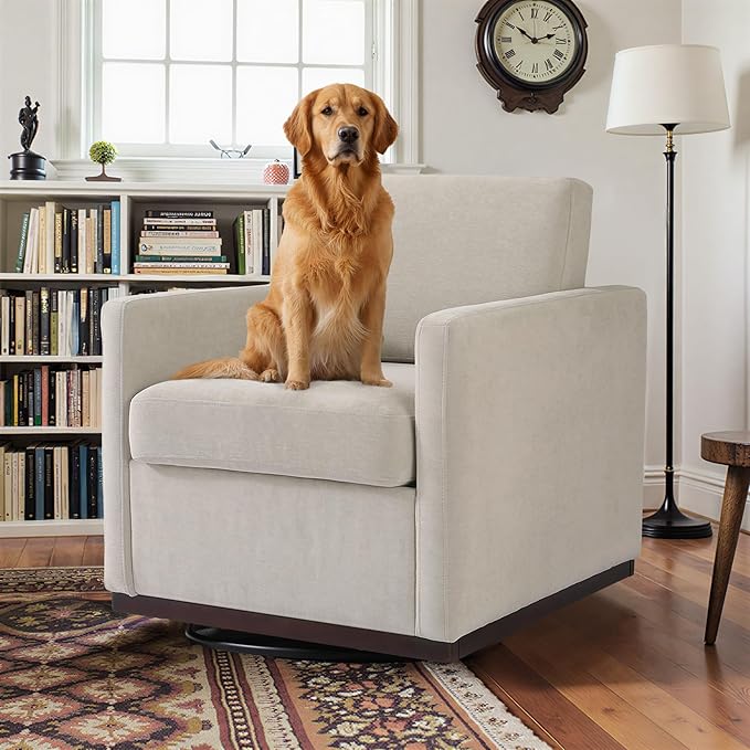 Pia Ricco Single Swivel Barrel Chair, Mid-Century Modern Accent Armchair with Plush Chenille Upholstery for Living Room & Cozy Reading Nook, Sand