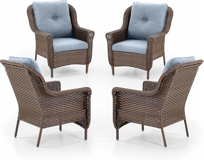 Patio Wicker Chairs Outdoor Furniture Chair - Set of 4 Outside All Weather Lawn Dining Brown Rattan Armchair with High Back&Deep Seating for Deck Porch Balcony Backyard Garden - Baby Blue