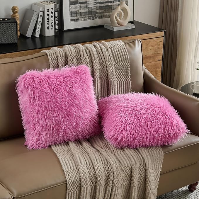 FUTEI Hot Pink Decorative Throw Pillow Covers 18x18 Inch Set of 2,Soft Cozy Faux Fine Wool Textured Cushion Case,Modern Home Luxury Decor for Couch Bed Living Room