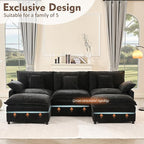 108" U Shaped Couch, Modular Sectional Sofa, 3-Seater Comfy Cloud Couch with Movable Ottoman, Deep Seat Couches for Living Room, Chenille, Black