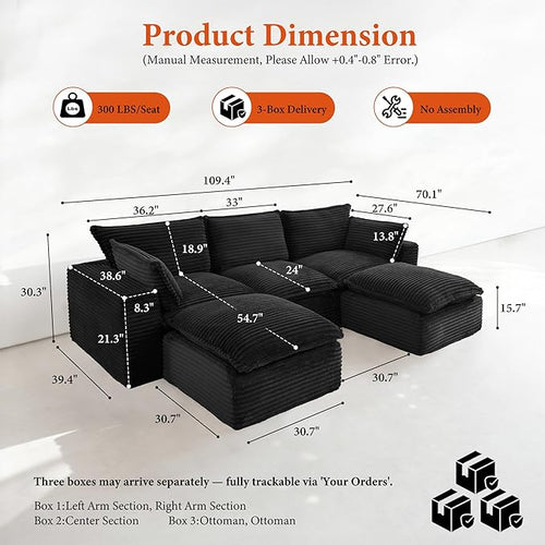 108" Sectional Couches for Living Room Boneless Couch Upholstered Cloud Couch Sectional Modular Sectional Sofa with L Shaped (Corduroy-Black, 3 Seat+2 Ottoman)