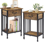 VECELO Nightstands, Industrial Side Table/End Tables with Drawer and Storage Shelf, Night Stands for Bedroom, Living Room, Wood Metal Furniture, Easy Assembly,Antique Brown,2 Sets
