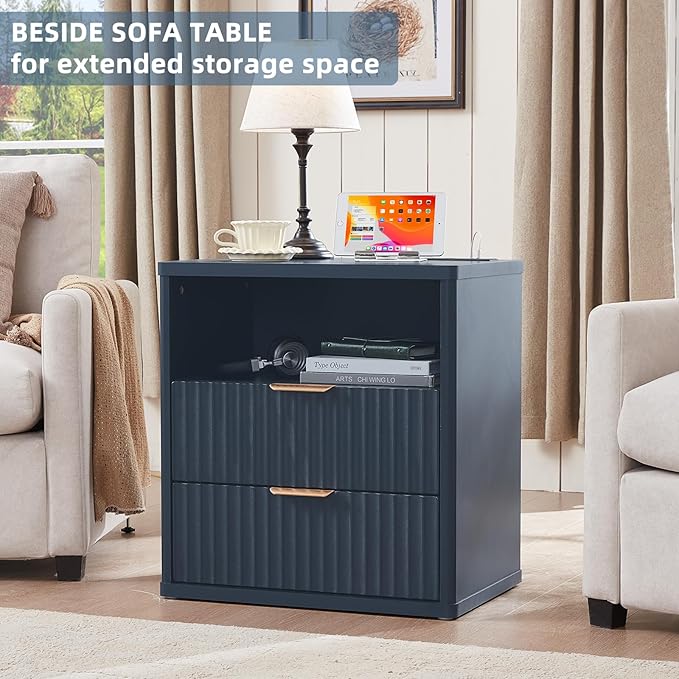 LEYAOYAO Fluted Nightstand with Charging Station, 23" Wide 2 Drawers End Table,Night Stand with Open Storage Cabinet, Farmhouse Bed Side Tables, Wood Dresser for Bedroom, Living Room, Closet, Blue