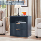 LEYAOYAO Fluted Nightstand with Charging Station, 23" Modern Night Stand with Woodgrain Top, 2 Drawers End Table w/Storage, Bedside Tables for Bedroom, Living Room, Curved Profile Design, Blue