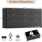 Black Dresser for Bedroom, Modern Dresser with 9 Drawers and Smooth Slides, Wide Chest of Drawers with Golden Handles for Bedroom, Living Room, Closet, 15.7" D x 63" W x 31.5" H