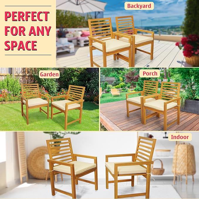 Tranquillo Solara Acacia Wood Outdoor Chair Set of 2 with Cushions – 500lbs Capacity, Weather-Resistant Patio Chairs for Garden, Deck, or Porch