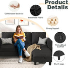 JY QAQA Convertible Sectional Sofa Couch with 3-Seat Sofa, L-Shaped Ottoman Couch with Modern Linen Fabric for Small Living Room, Apartment and Small Space(Black)
