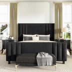 AMERLIFE Queen Size Bed Frame, Velvet Upholstered Platform Bed with Vertical Channel Tufted Headboard & Footboard/Wingback, Mattress Foundation with Wood Slats, No Box Spring Needed, Black
