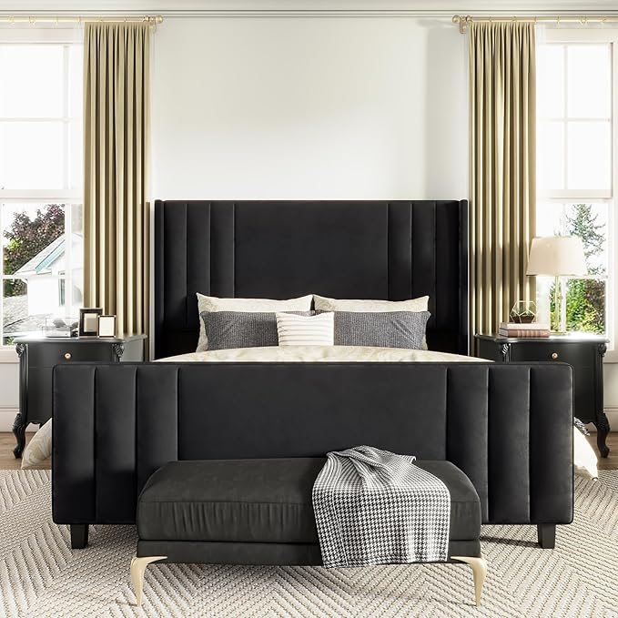 AMERLIFE Queen Size Bed Frame, Velvet Upholstered Platform Bed with Vertical Channel Tufted Headboard & Footboard/Wingback, Mattress Foundation with Wood Slats, No Box Spring Needed, Black