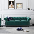 Chesterfield 3 Seater Sofa, Modern Velvet Tufted Couch 3 Seater with Rolled Arms and Nailhead Mid-Century Upholstered Couch for Living Room, Bedroom, Apartment and Office, Green
