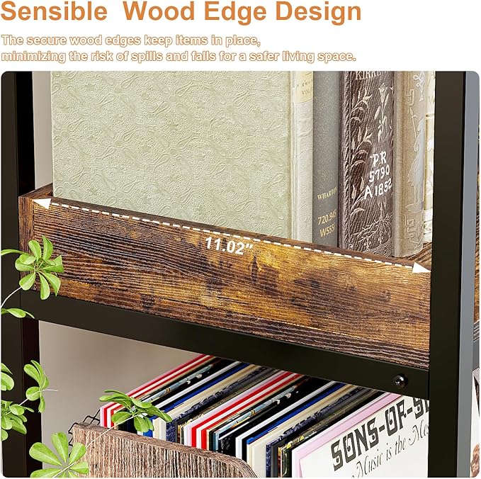 KOUSEI Bookshelf 5-Tier, L-Shaped Reversible Corner Bookshelf, 65" Industrial Wide Open Bookcase with Metal Frame and 4 Hooks for Living Room, Bedroom, Home Office, Rustic Brown