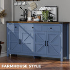 63" Sideboard Buffet Cabinet with Storage, Coffee Bar with 3 Drawers and 4 Barn Doors, Long Wider Storage Cabinet Modern Farmhouse, Blue Wood, for Kitchen, Dining Room, Living Room