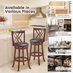 COSTWAY Bar Stools Set of 2, 360° Swivel Chairs with Rubber Wood Frame, 30-Inch PU Leather Cushioned Seat and Footrests, for Kitchen Island, Dining Room, Bar (Brown-30 inches, 2 stools)