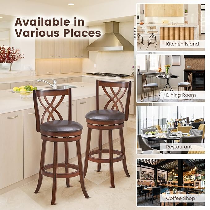 COSTWAY Bar Stools Set of 2, 360° Swivel Chairs with Rubber Wood Frame, 30-Inch PU Leather Cushioned Seat and Footrests, for Kitchen Island, Dining Room, Bar (Brown-30 inches, 2 stools)