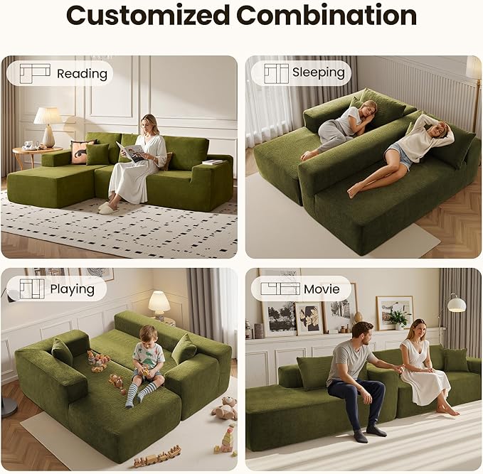 104" Cloud Sectional Couch with Chaise, Boneless L-Shaped Cloud Couch with Deep Seat, Modern Minimalist Sofa, Assembly Free Comfy Sofa for Office Living Room Study Room Apartment(Green, Left Chaise)