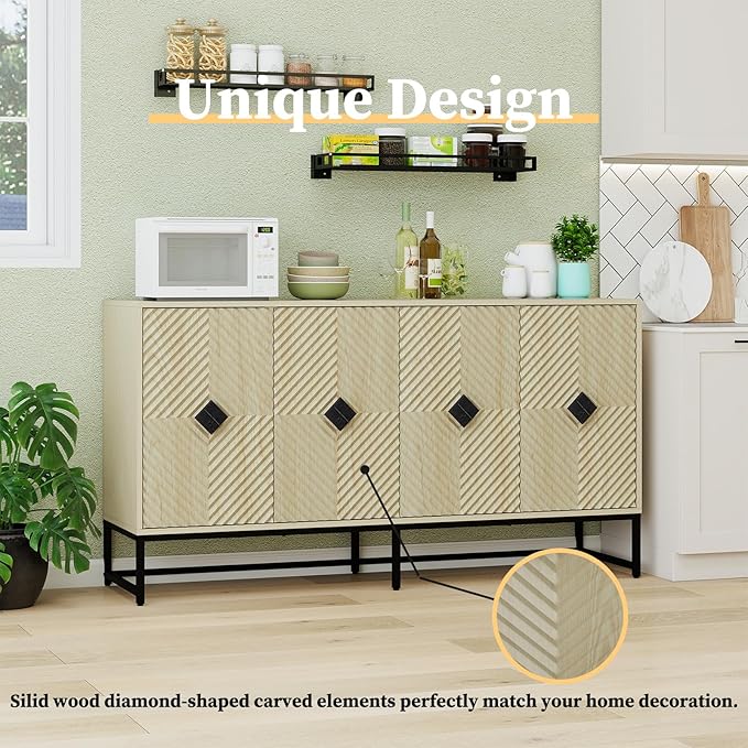 Sideboard Buffet Cabinet with Storage - Accent Storage Cabinet with Doors, Wood 4 Doors Cabinet with Metal Legs, 60" Buffets & Sideboards, Modern Credenza for Living Room (Natural)