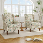 Accent Chair, Upholstered High Back Floral Armchair with Nailhead Trim & Wood Legs, Comfy Wingback Reading Single Sofa Chair
