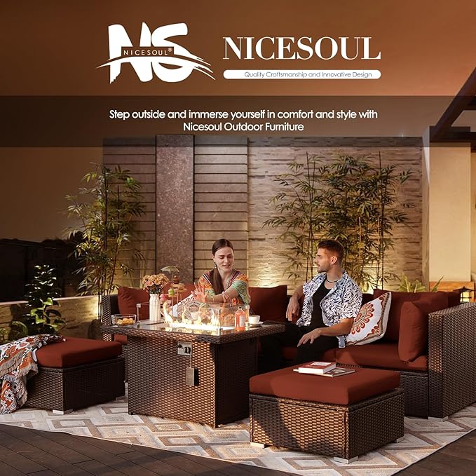 NICESOUL 11 Piece Modern Outdoor Patio Furniture Set with Firepit Propane/Natural Gas, 29.3'' High Back Wicker Conversations, 10 Seater Large Wide Sectional for Outside, Brown Rattan and Red Cushion