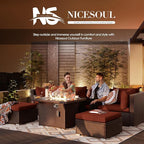 NICESOUL 7 Piece Modular Outdoor Furniture Set with Firepit Natural Gas&Propane, 29.3'' High Back L-Shaped 6-Seater Patio Wicker Sectional Sofa Couch Sets for Tall People, Brown Rattan and Red Cushion