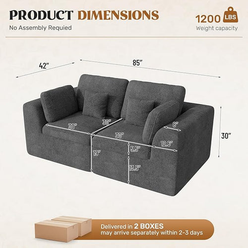 115" Cloud Boneless Sectional Couch, Deep Seat L Shaped Modular Couch with Ottoman, Oversized Upholstered Convertible 4 Seater Modular Sofa for Living Room,DarkGary Chenille