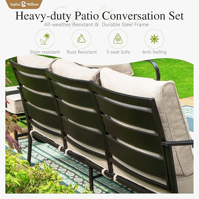 Sophia & William Patio Furniture Sets for 7 Outdoor Conversation Set 6 Pcs with 4 x Armrest Cushioned Sofa Chairs, 1 x 3-Seat Sofa, 1 Marbling Metal Coffee Table Garden Backyard Poolside Beige