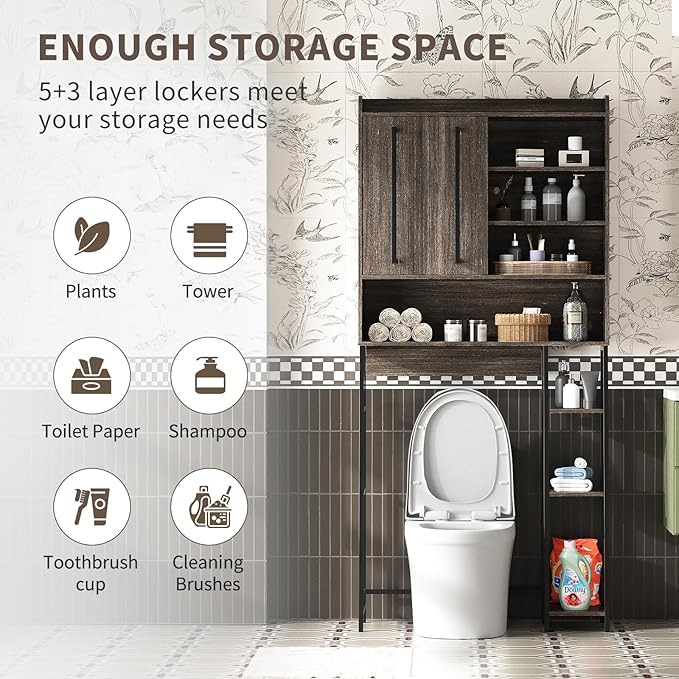 VFK Over The Toilet Storage Cabinet with Sliding Door, Farmhouse Bathroom Organizer with Adjustable Shelves for Small Spaces, Sturdy Metal Frame Above Toilet Cabinet,31.5" L x 7.7" W x 66.9" H