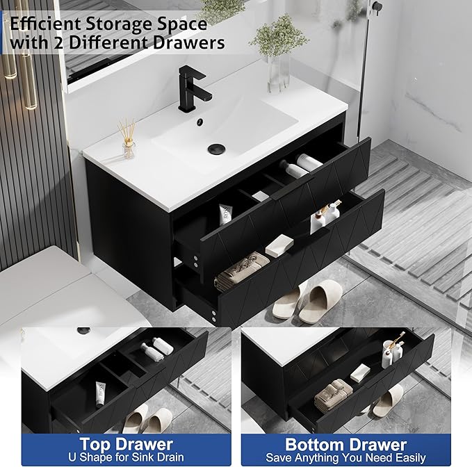 eclife 36" Bathroom Vanities Cabinet with Sink Combo, Wall Mounted Floating Cabinet W/Decor Line, Soft-Close System, 2 Extra Big Drawers, Matte Black Faucet, Black
