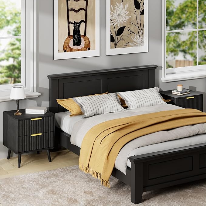LYNSOM Fluted Dresser and Nightstand Sets 2 Piece, 2-Drawer Nightstands and 7-Drawers Dresser, Wood Bedroom Furniture Set for Home, Bedroom, Hallway, Black