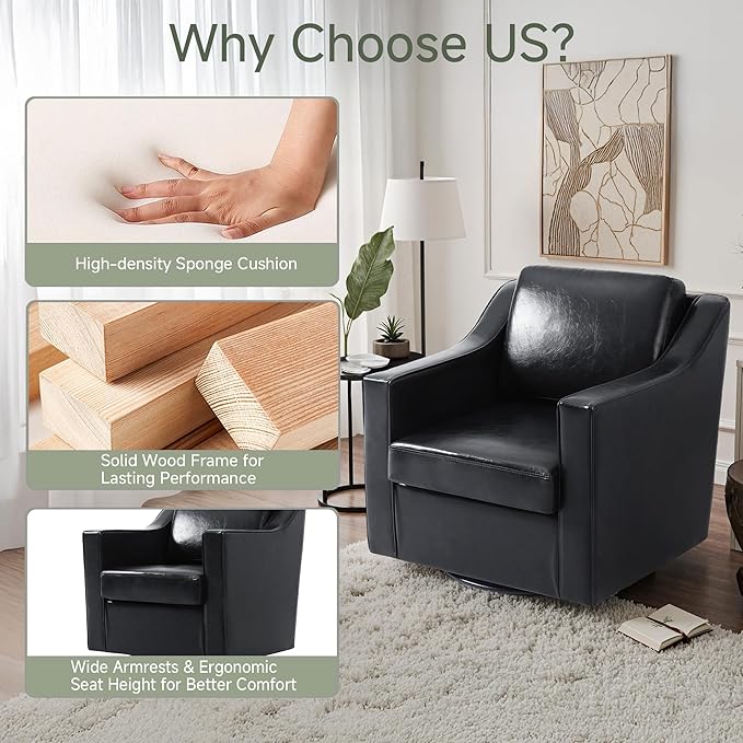 UIXE Faux Leather Swivel Accent Chair, Upholstered Arm Chair for Living Room, Modern Club Armchair Comfy Single Sofa Bedroom Reading Seat with Lumbar Pillow - Black