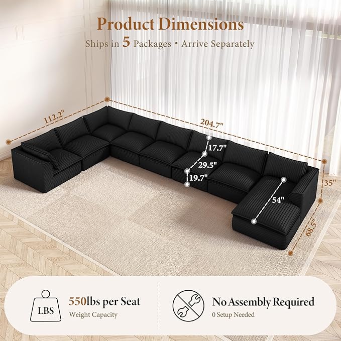 Vesgantti 204.7" Oversized Sectional Boneless Couch, Modern 9 Seater Modular Sofa with Chaise, Deep Seat Convertible Plush Corduroy Cloud Couches for Living Room, No Assembly Required, Black