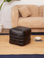 Handmade Eco-Friendly Geometric Leather Pouf Black Color Square 16" x 16" x 16" Goat Leather Pouf for Living Room, Bedroom Seating, Patio