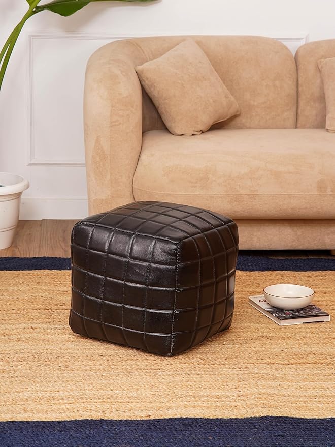 Handmade Eco-Friendly Geometric Leather Pouf Black Color Square 16" x 16" x 16" Goat Leather Pouf for Living Room, Bedroom Seating, Patio