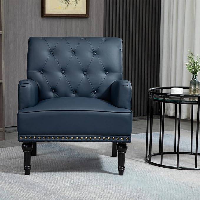 MOJAY PU Leather Accent Chair, Mid-Century Armchair Living Room Sofa Chair with Rubber Wood Leg, Club Chair with Rivet Trim for Bedroom Reading Room Reception (DarkBlue)
