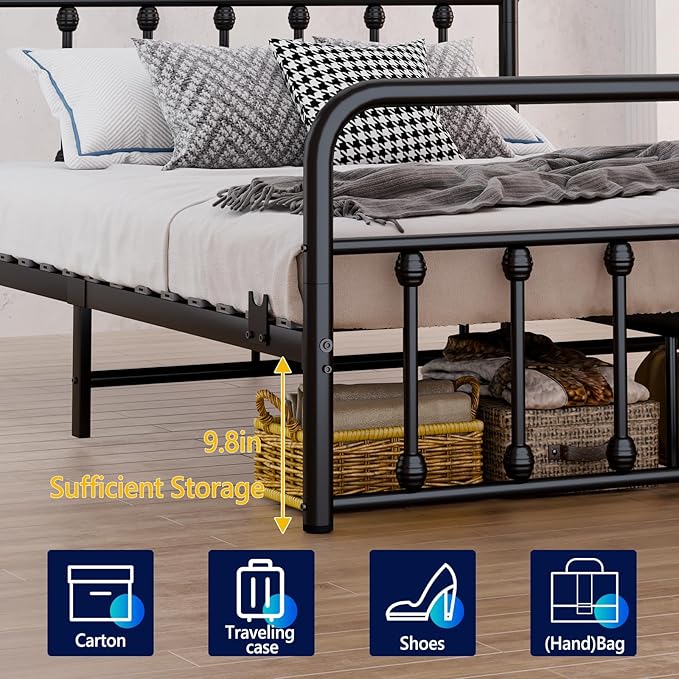 Metal Queen Single Bed Frame with Storage Space, 82.7" in Steel Bed Frame with Protective Foot Pads, Strong Bearing Capacity Queen Size Bed, Easy Assembly, Underbed Storage Space（43.3 inch）