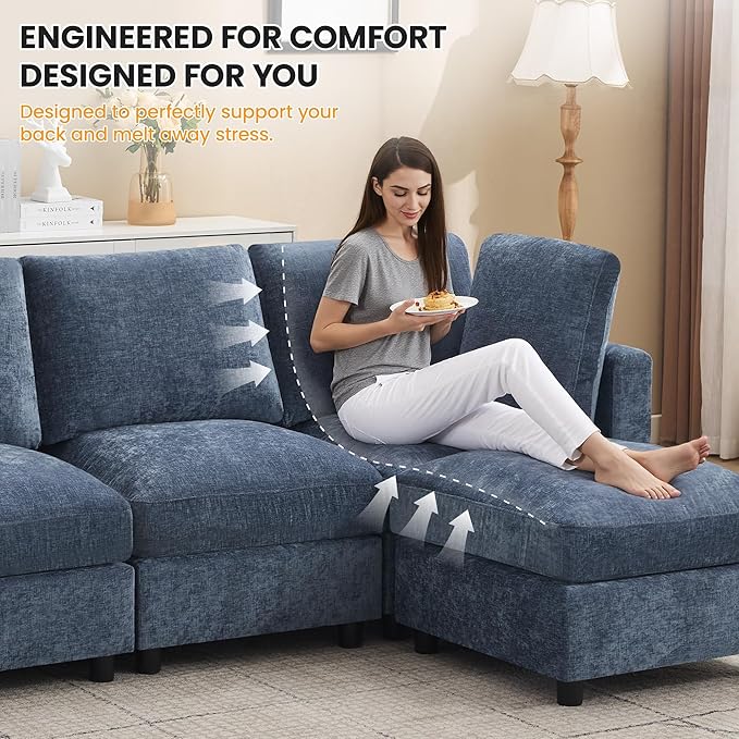 4-Seater Modular Sectional Cloud Sofa with 2 Ottomans, U-Shaped Couch for Living Room, Modern Deep Seat Sofa with Soft Back Cushions, Chenille Blue