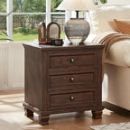 Farmhouse Nightstand with 3 Drawers, Rustic Couch End Table with 4 Square Solid Wood Legs, Mid-Century Modern Bed Side Table with Storage, Small Dresser for Bedroom, Living Room, Walnut