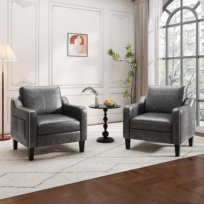 PU Leather Accent Chair, Mid-Century Modern Living Room Armchair Sofa with Removable Cushions, Solid Wood Frame & Stitched Armrest Design, Bedroom Chair with Plastic Legs, Black