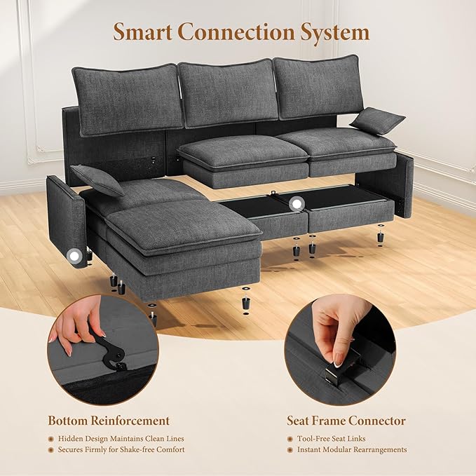 Vesgantti 108" Sectional Sleeper Sofa, 6-Seater Oversized Modular Cloud Couch with Movable Ottoman, Chenille Large Sofa Bed Convertible Deep Seat Couches for Living Room, Bedroom and Apartment, Gray