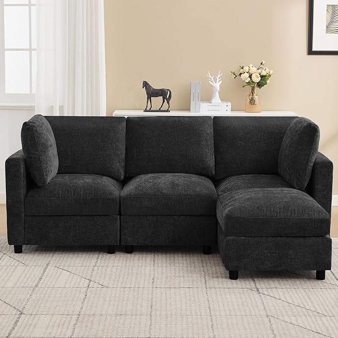3-Seater Modular Sectional Cloud Sofa with Ottoman, L-Shaped Couch for Living Room, Modern Convertible Deep Seats Sofa, Chenille Dark Grey