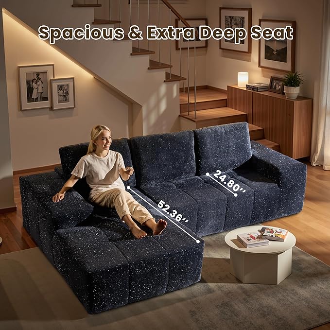 114" Glitter Cloud Sectional Couch with L-Shape Chaise, Modern Boneless Couches for Living Room, Fluffy Tufted Deep Seat Modular Sofa in a Box No Assembly