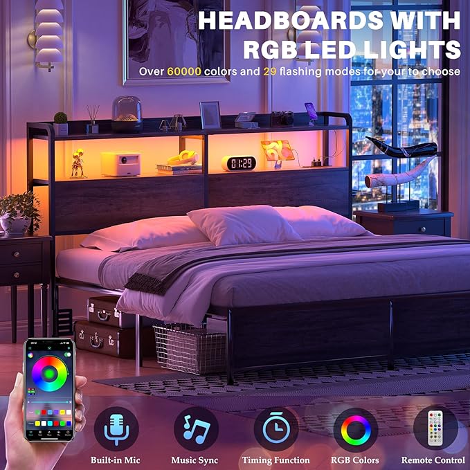 Aheaplus Headboard for Queen Size Bed Frame, Headboards with Outlets, USB Ports and LED Light, Head Board with Storage, Height Adjustable, Sturdy and Stable Headboard, Queen Size, Black Oak