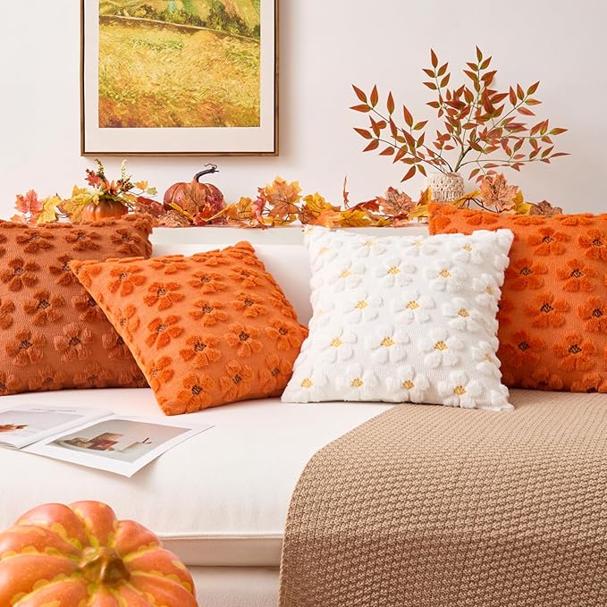 Kevin Textile Fall Floral Pillow Covers 18x18 Inch Set of 2 Cute Flowers Embroidery Decor Soft Plush Faux Fur Throw Pillows Pillowcases for Holiday Harvest Decor Sofa Couch Bedroom, Cream White