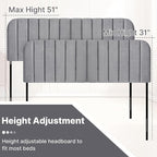 Upholstered Headboard - Striped Interval - Adjustable Height - Metal Legs - Bed Frame (Grey, King (U.S. Standard))
