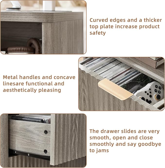 LEYAOYAO Fluted Nightstand with Charging Station, 23" Wide 2 Drawers End Table,Grey Night Stand with Open Storage Cabinet, Farmhouse Bed Side Tables, Wood Dresser for Bedroom, Living Room, Closet