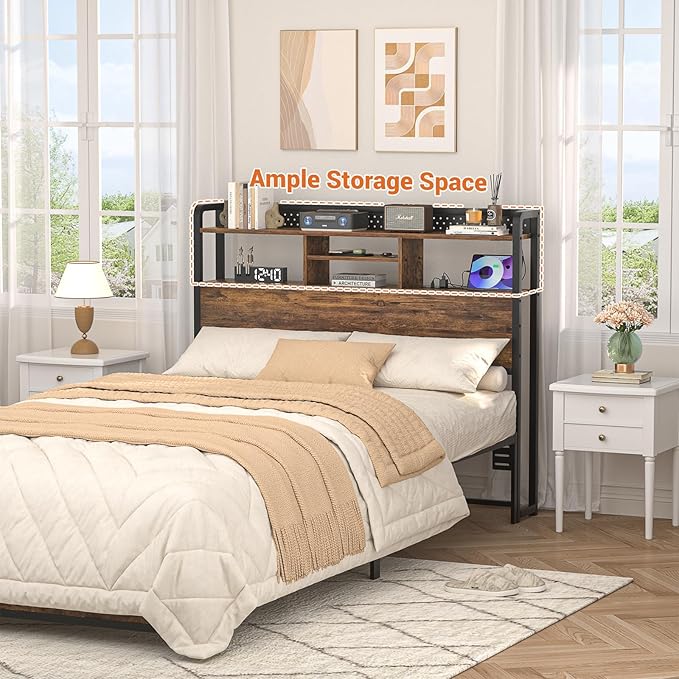 Unikito Headboard for Twin Size Bed with Storage Shelf, Head Board with 3 Outlets and 2 USB Ports, Headboards with RGB LED Light, Height Adjustable, Sturdy and Stable, Easy Assembly, Rustic Brown