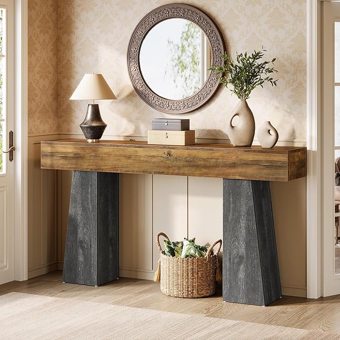 Tribesigns Farmhouse Entryway Table, 63-Inch Long Wooden Sofa Console Table, Rustic Console Behind Couch with Double Trapezoid Bases for Entrance Living Room Hallway