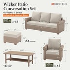 Patio Furniture Set 6 pcs, Wicker Outdoor Patio Furniture, 3-Seat Sofa, 2 Single Chairs, 2 Ottomans and Coffee Table, Rattan Patio Conversation Set for Backyard Deck, Beige