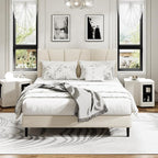 Queen Size Platform Bed Frame with Upholstered Headboard, Wooden Slats Support, Noise Free, No Box Spring Needed, Easy Assembly, Beige, Velvet
