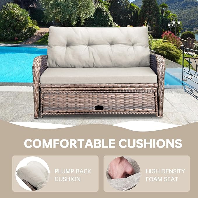 Patio Rattan Daybed, Wicker Recliner Loveseat for Two with Multifunctional Recliner and Stowable Side Tray, 5 Level Adjustable Backrest Brown Beige